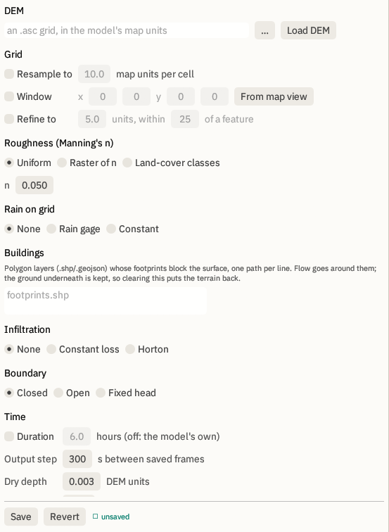 The 2D Setup window: DEM file, grid resampling, window and refinement, Manning's roughness as uniform, raster or land-cover classes, rain on grid, building footprint layers, infiltration, boundary type and time stepping.
