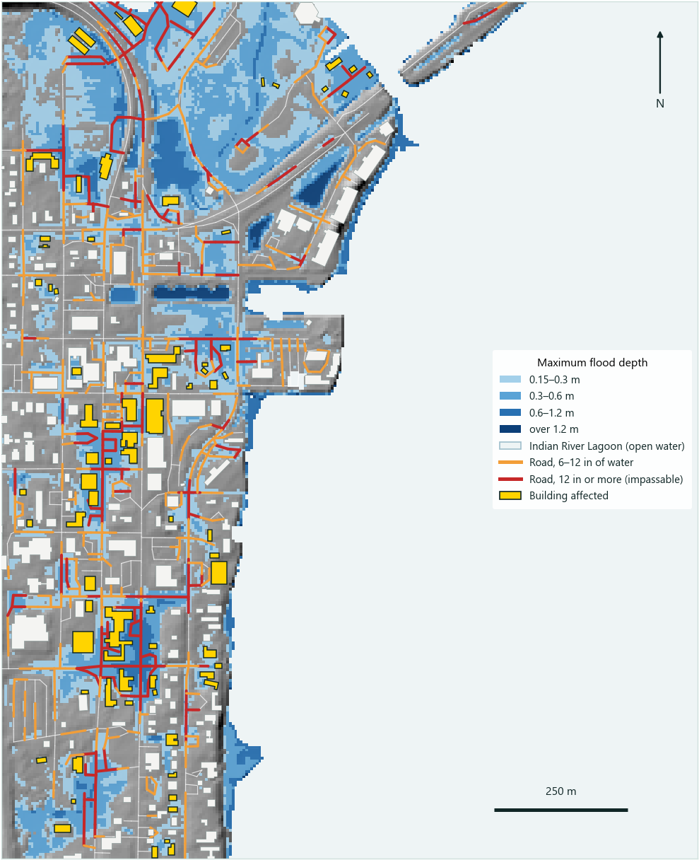 Map of the Titusville waterfront on the Indian River Lagoon. Flood depth in blue shades covers low streets and lots after a 100-year rain with the lagoon at the FEMA 1% level. Roads with 6 to 12 inches of water are orange, roads with 12 inches or more are red, and 76 affected buildings are yellow.