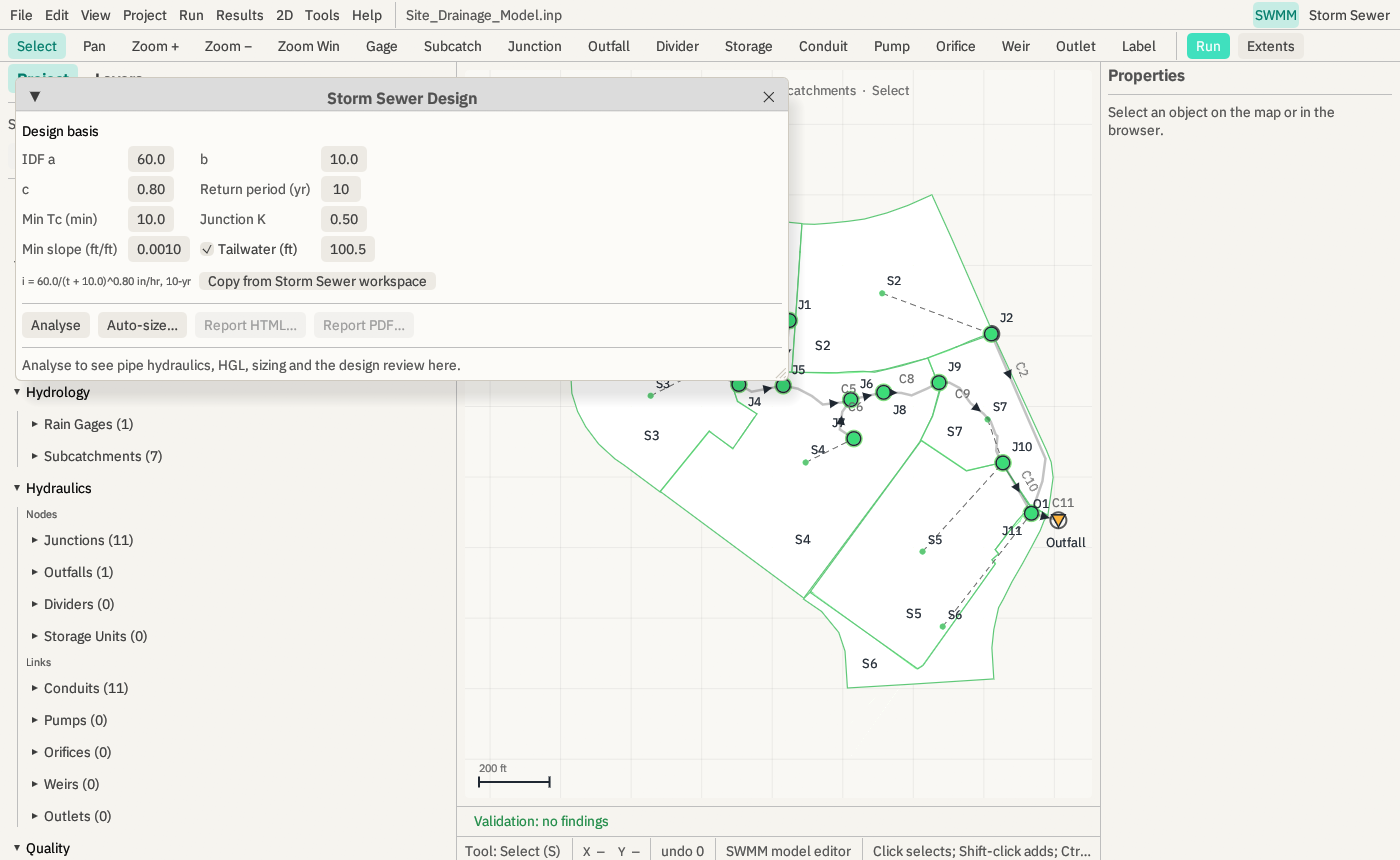 The Storm Sewer Design window open over the SWMM editor, showing the design basis: IDF coefficients a 60, b 10, c 0.80, a 10-year return period, minimum Tc of 10 minutes, junction K of 0.50, minimum slope and a 100.5 ft tailwater, with Analyse and Auto-size buttons.
