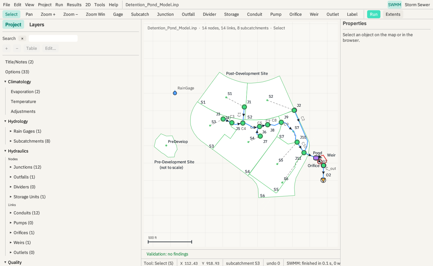 The AquaSWMM SWMM editor with EPA's Detention Pond sample model open: project browser on the left, the model drawn on a map with subcatchments, junctions, the pond, orifice and weir, and a status bar reading SWMM finished in 0.1 s.