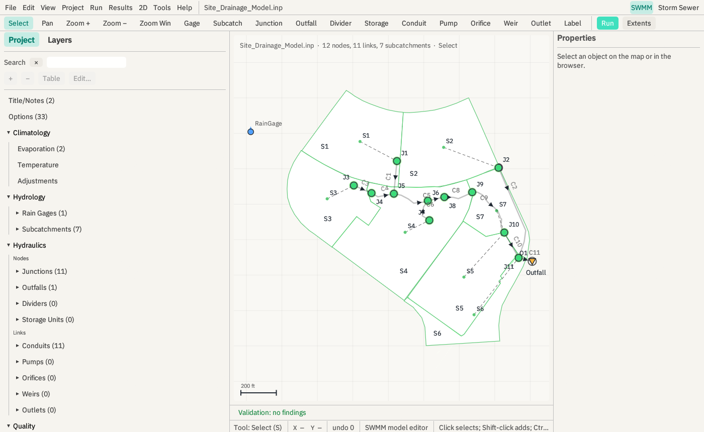 EPA's Site Drainage sample model in the AquaSWMM editor: the project browser lists sections with object counts, the map shows seven subcatchments draining through junctions to an outfall, and the validation bar reads no findings.