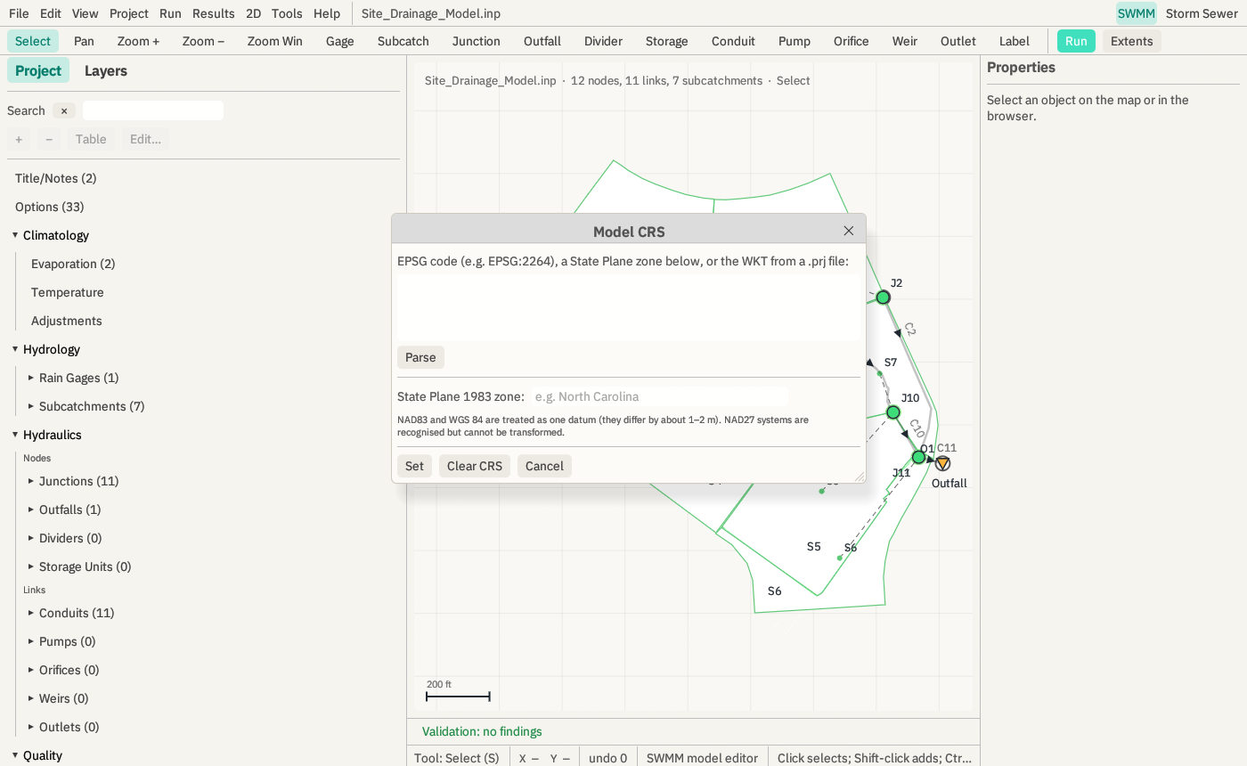 The Model CRS window over the Site Drainage model, accepting an EPSG code, a State Plane 1983 zone or the WKT from a .prj file.